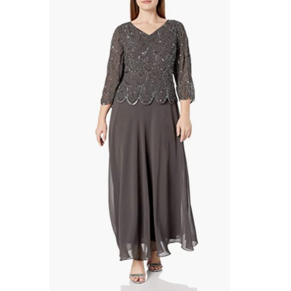 J Kara Women's Plus Size 3/4 Sleeve with Scallop Beaded Pop Over Gown